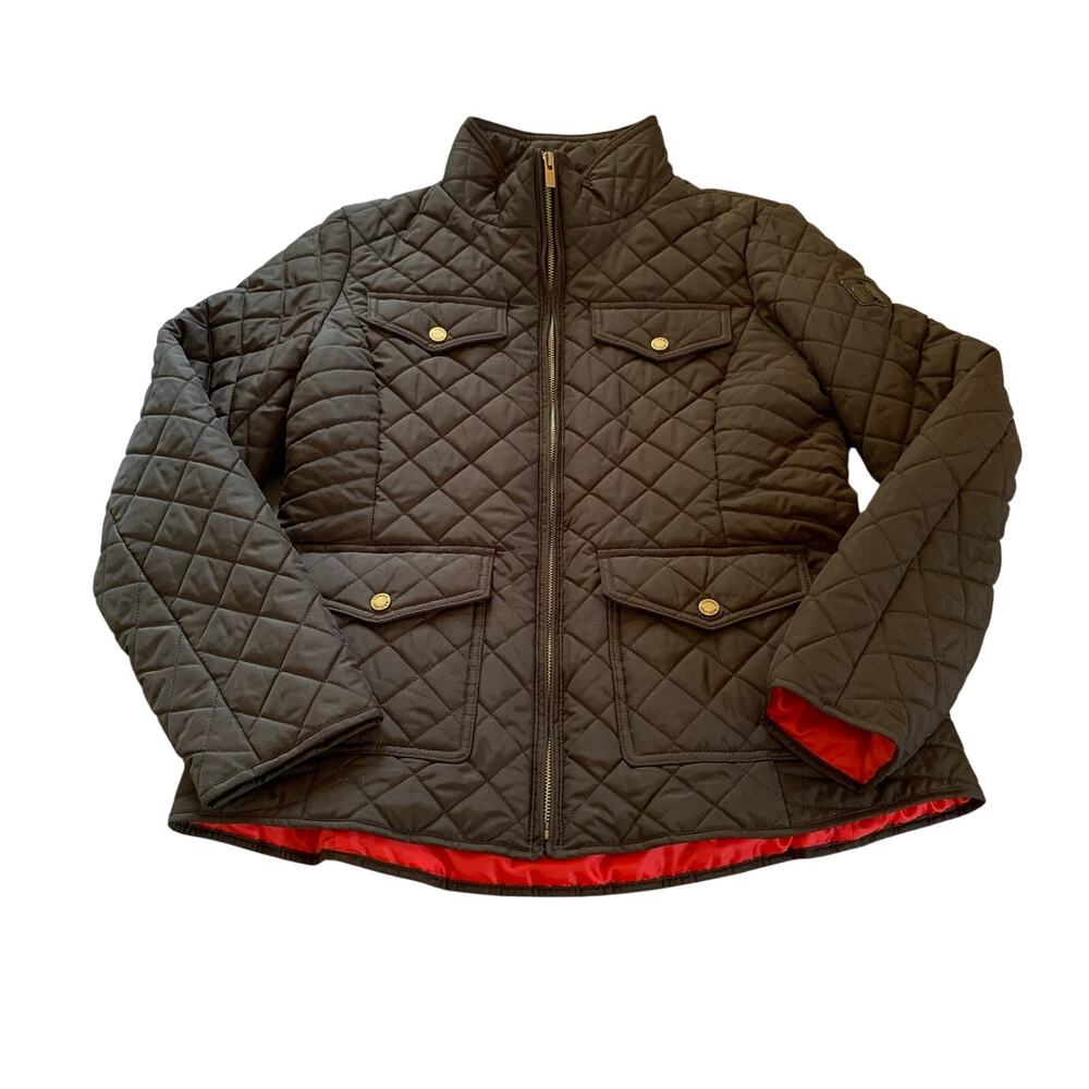 Tommy Hilfiger Diamond Quilted Jacket Coat Medium Black Full Zip Red Lining